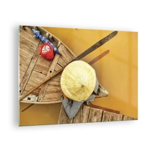 Obraz na skle - Pohľad zhora na loď a osobu s kužeľovitým klobúkom - 70x50cm - Život na žltej rieke - Moderná nástenná dekorácia do obývacej izby a spálne ARTTOR