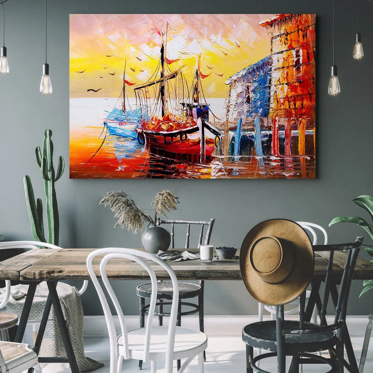 Obraz na plátne - Malebný prístav pri západe slnka s rybárskymi loďami - 70x50cm - Šťastný návrat - Moderná nástenná dekorácia do obývacej izby a spálne ARTTOR