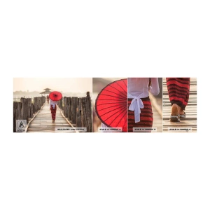 Vzorka samolepiacej fototapety Deluxe Sticker - Na starom moste - Dáždnik, Barma, Drevený most - 100x30 cm