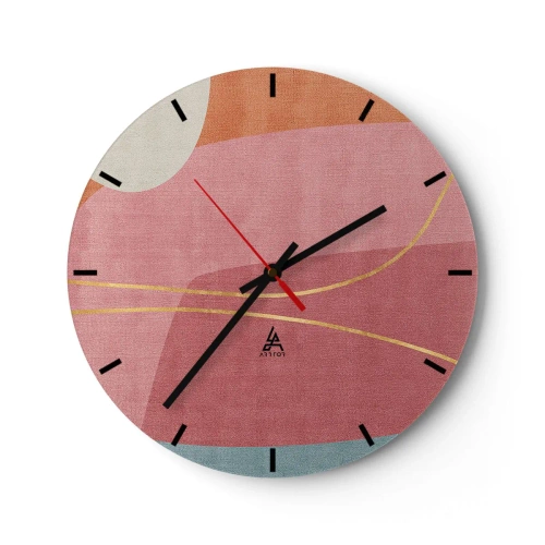 Nástenné hodiny - Pastelové tvary s ružovými a zlatými čiarami na pozadí - 30x30cm - Pastelová kompozícia so zlatou niťou - Moderná nástenná dekorácia do obývacej izby, kuchyne a spálne ARTTOR