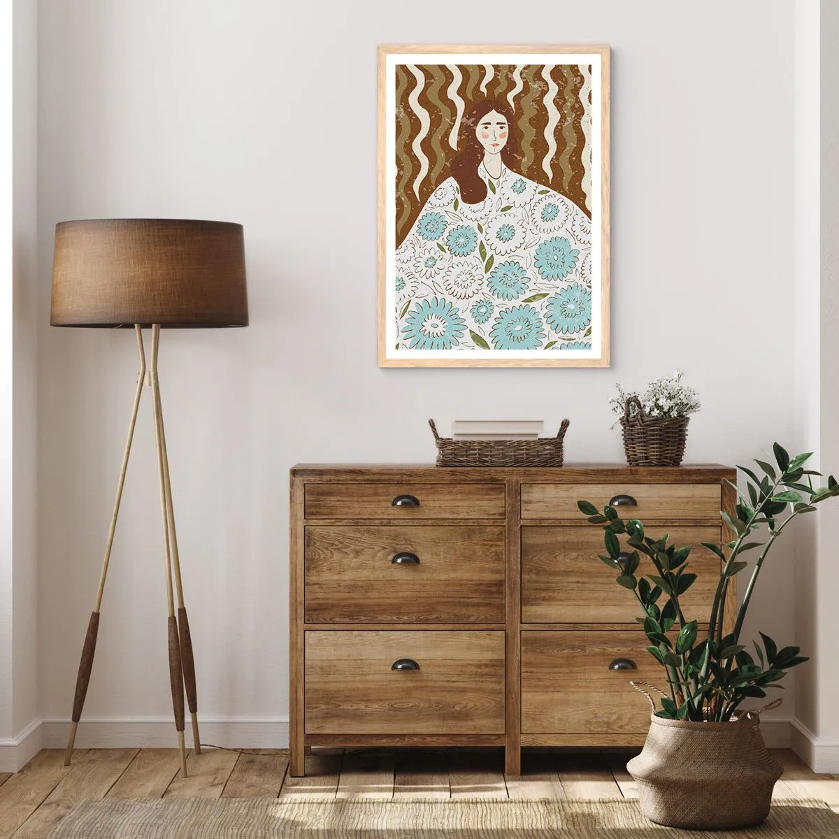 Plagát v ráme zo svetlého duba - Portrét v kvetinovom rúchu - 70x100 cm
