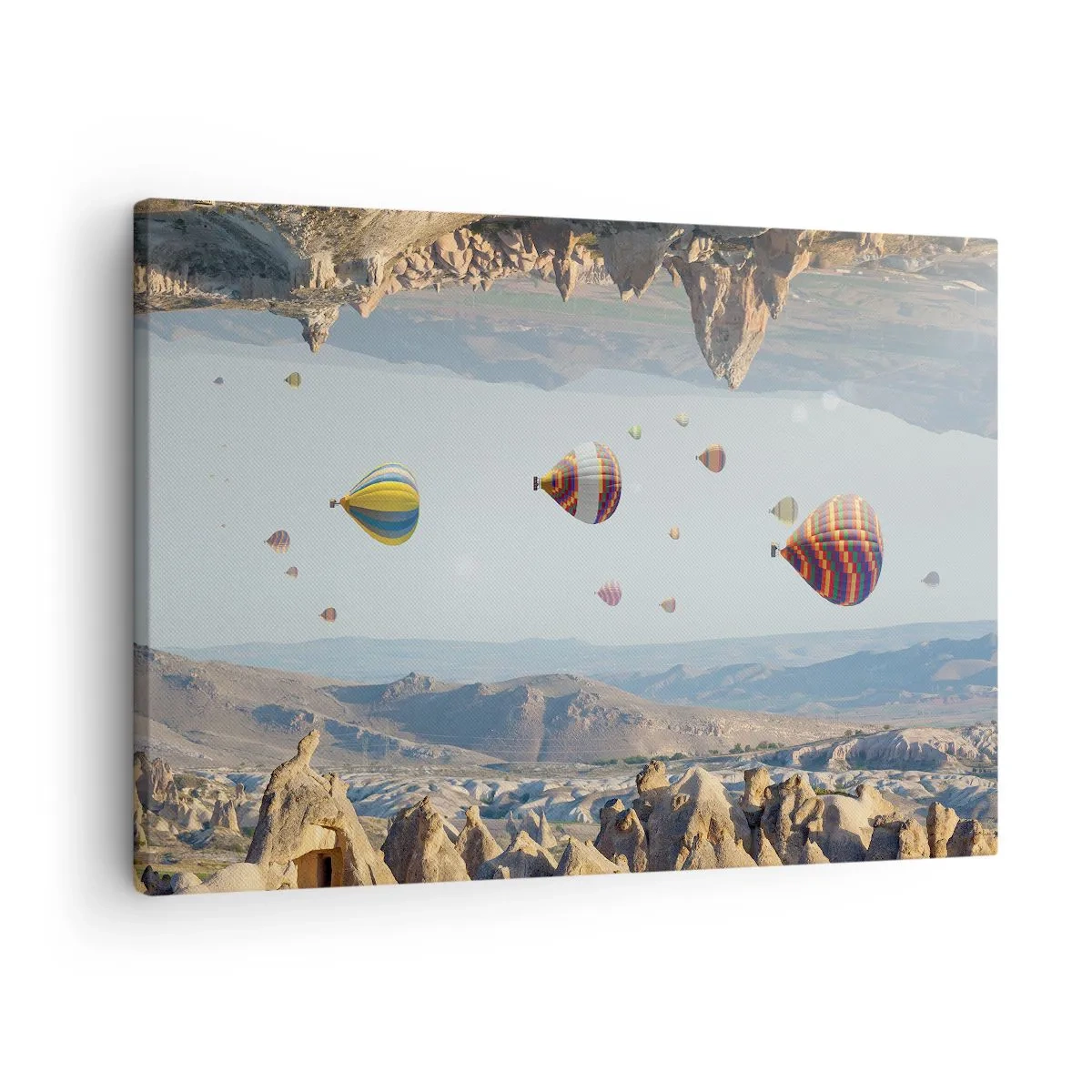 Obraz na plátne - Farebné balóny nad skalnatou krajinou - 70x50cm - Tu je možné všetko - Moderná nástenná dekorácia do obývacej izby a spálne ARTTOR
