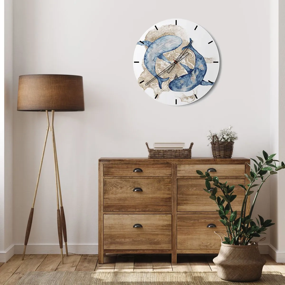 Nástenné hodiny - Modré veľryby na pozadí zlatého piesku - 30x30cm - Priateľstvo alebo láska? - Moderná nástenná dekorácia do obývacej izby, kuchyne a spálne ARTTOR