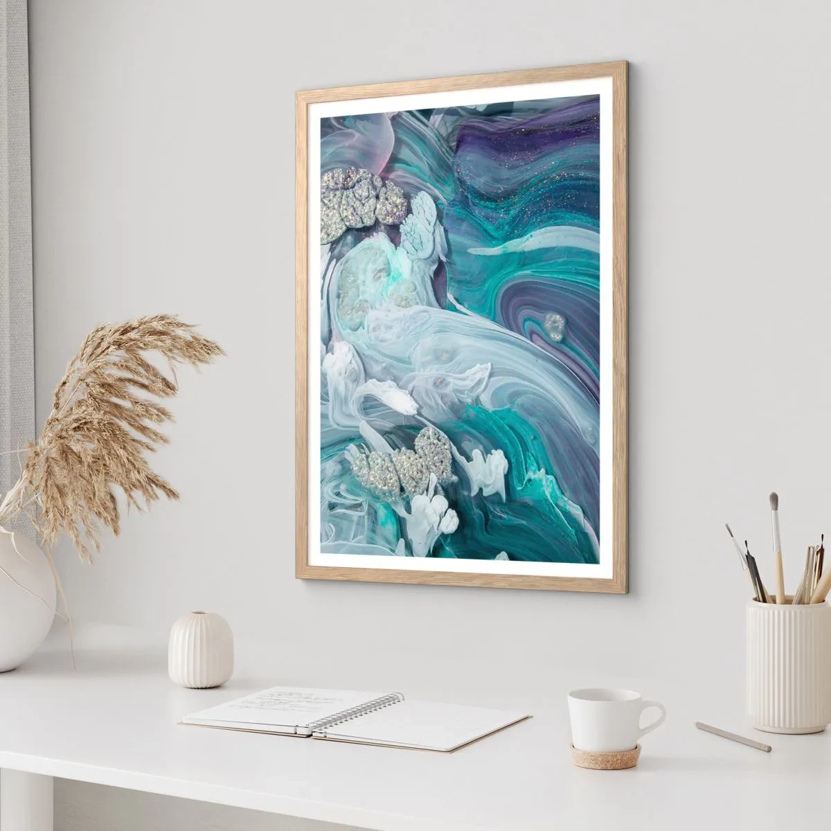 Plagát v ráme zo svetlého duba - Prúdy modrej - 70x100 cm