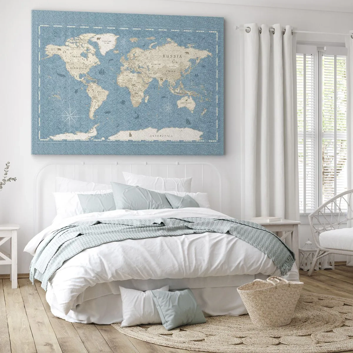 Obraz na plátne - Dekoratívna mapa sveta v odtieňoch modrej a béžovej - 70x50cm - Svet na dosah ruky - Moderná nástenná dekorácia do obývacej izby a spálne ARTTOR