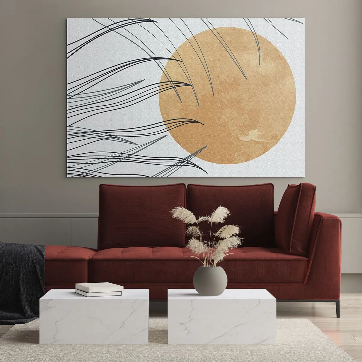 Obraz na skle - Oranžové slnko s dynamickými čiarami na svetlom pozadí - 70x50cm - Vždy ku slnku - Moderná nástenná dekorácia do obývacej izby a spálne ARTTOR