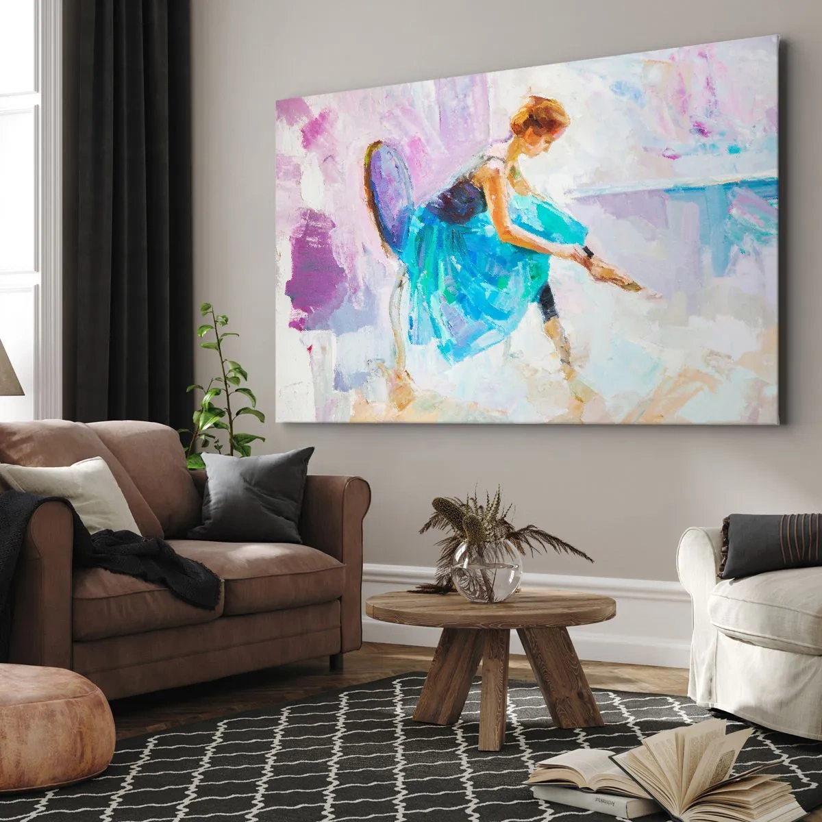 Obraz na plátne - Baletka sa chystá tancovať v pastelových odtieňoch. - 70x50cm - Nevyslovená vďaka, jemné kúzlo - Moderná nástenná dekorácia do obývacej izby a spálne ARTTOR