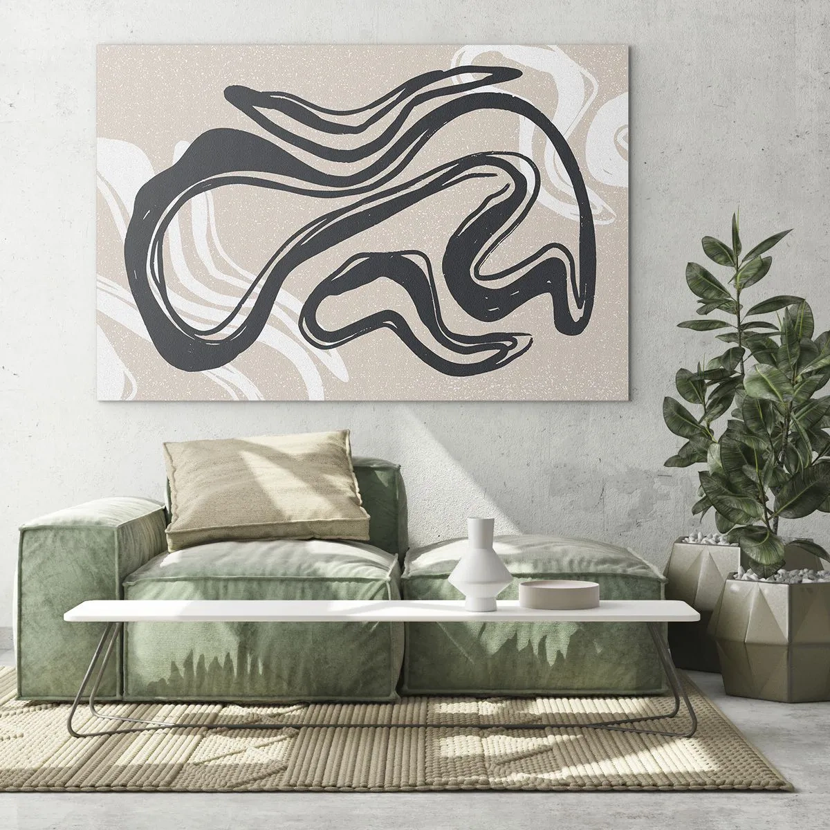 Obraz na skle - Výrazná čierna čiara na béžovom pozadí v abstraktnom štýle. - 70x50cm - Znásobená expresia - Moderná nástenná dekorácia do obývacej izby a spálne ARTTOR
