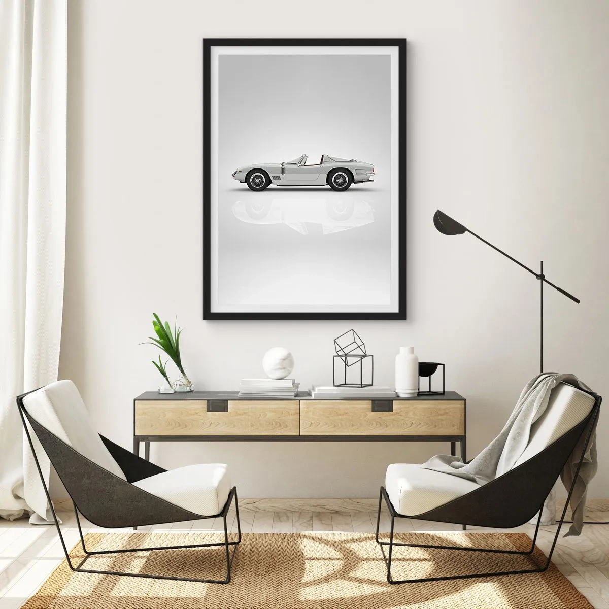 Plagát v čiernom ráme - Klasický biely kabriolet na neutrálnom pozadí - 50x70cm - Prísľub zábavy - Moderná nástenná dekorácia do obývacej izby a spálne ARTTOR
