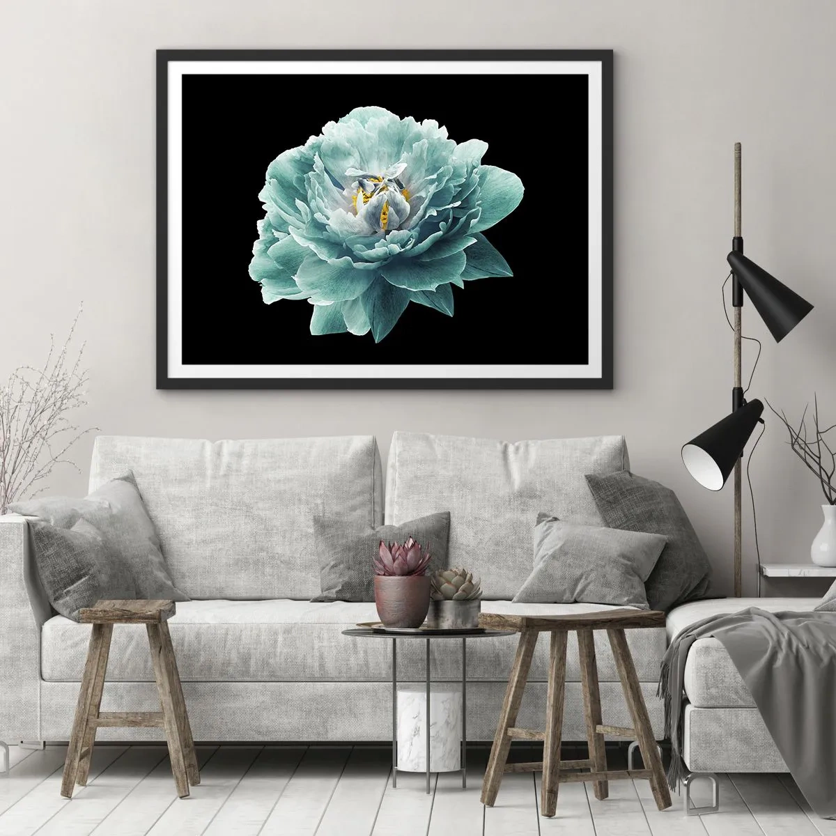 Plagát v čiernom ráme - Modré a zlaté okvetné lístky - 100x70 cm