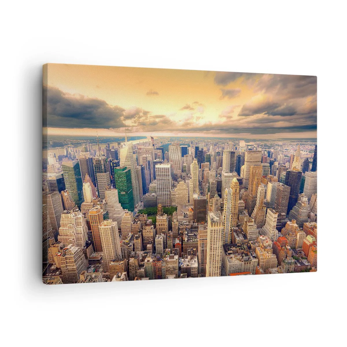Obraz na plátne - Panoráma mesta s výhľadom na mrakodrapy pri západe slnka - 70x50cm - Pozlátené Metropolis - Moderná nástenná dekorácia do obývacej izby a spálne ARTTOR
