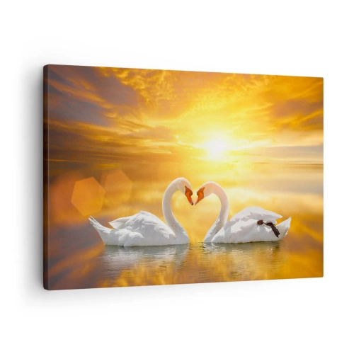 Obraz na plátne - Romantická scéna dvoch labutí tvoriacich srdce na pozadí zlatého západu slnka. - 70x50cm - Srdce je najkrajšie slovo sveta… - Moderná nástenná dekorácia do obývacej izby a spálne ARTTOR