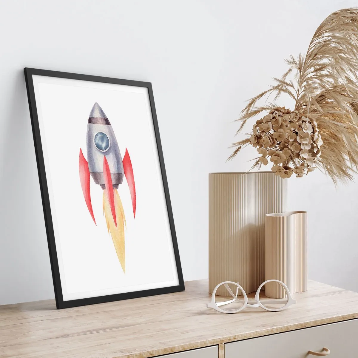 Plagát v čiernom ráme - Vesmírna raketa v štýle akvarelu - 50x70cm - Vyššie, rýchlejšie, ďalej - Moderná nástenná dekorácia do obývacej izby a spálne ARTTOR
