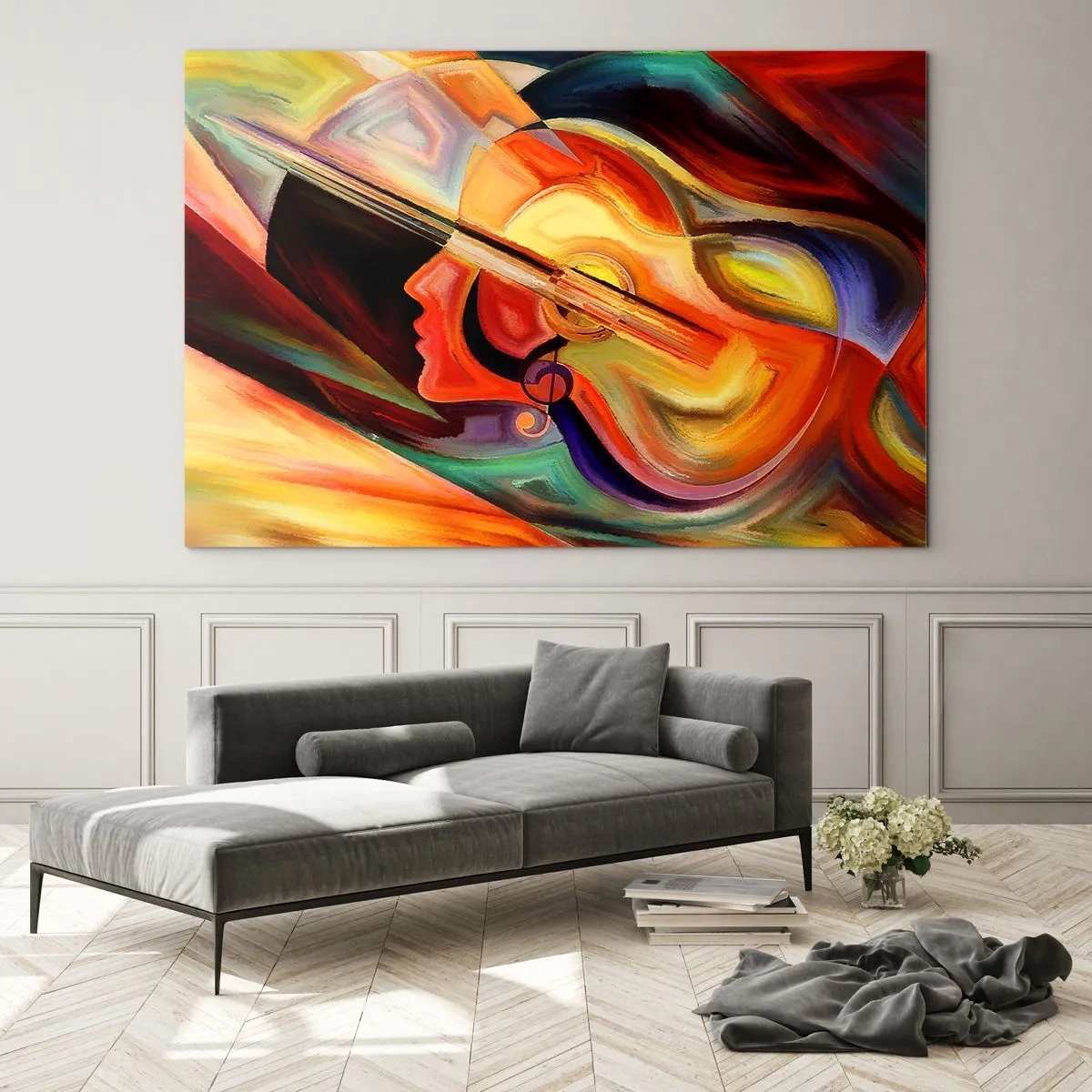 Obraz na skle - Abstraktný portrét s gitarou a hudobnými notami v pozadí - 70x50cm - Všetko je v poriadku - Moderná nástenná dekorácia do obývacej izby a spálne ARTTOR