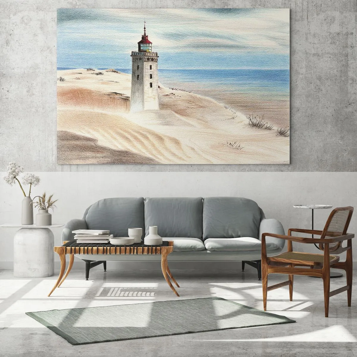 Obraz na skle - Maják na púštnej dune pri pokojnom mori - 70x50cm - Vždy hľadí na more - Moderná nástenná dekorácia do obývacej izby a spálne ARTTOR
