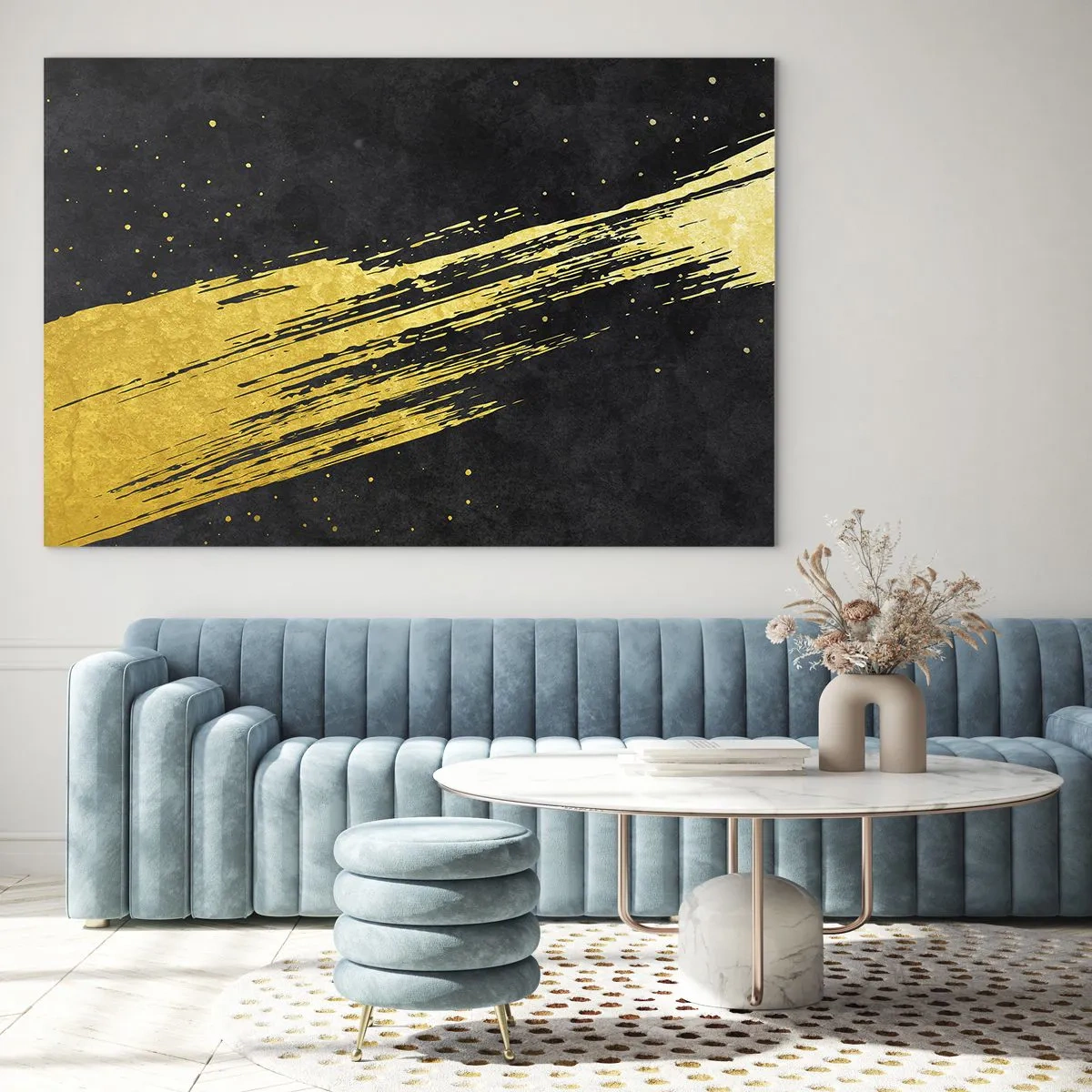 Obraz na skle - Zlatý štetec na čiernom pozadí v dynamickej, abstraktnej forme - 70x50cm - Skok do hyperpriestoru - Moderná nástenná dekorácia do obývacej izby a spálne ARTTOR