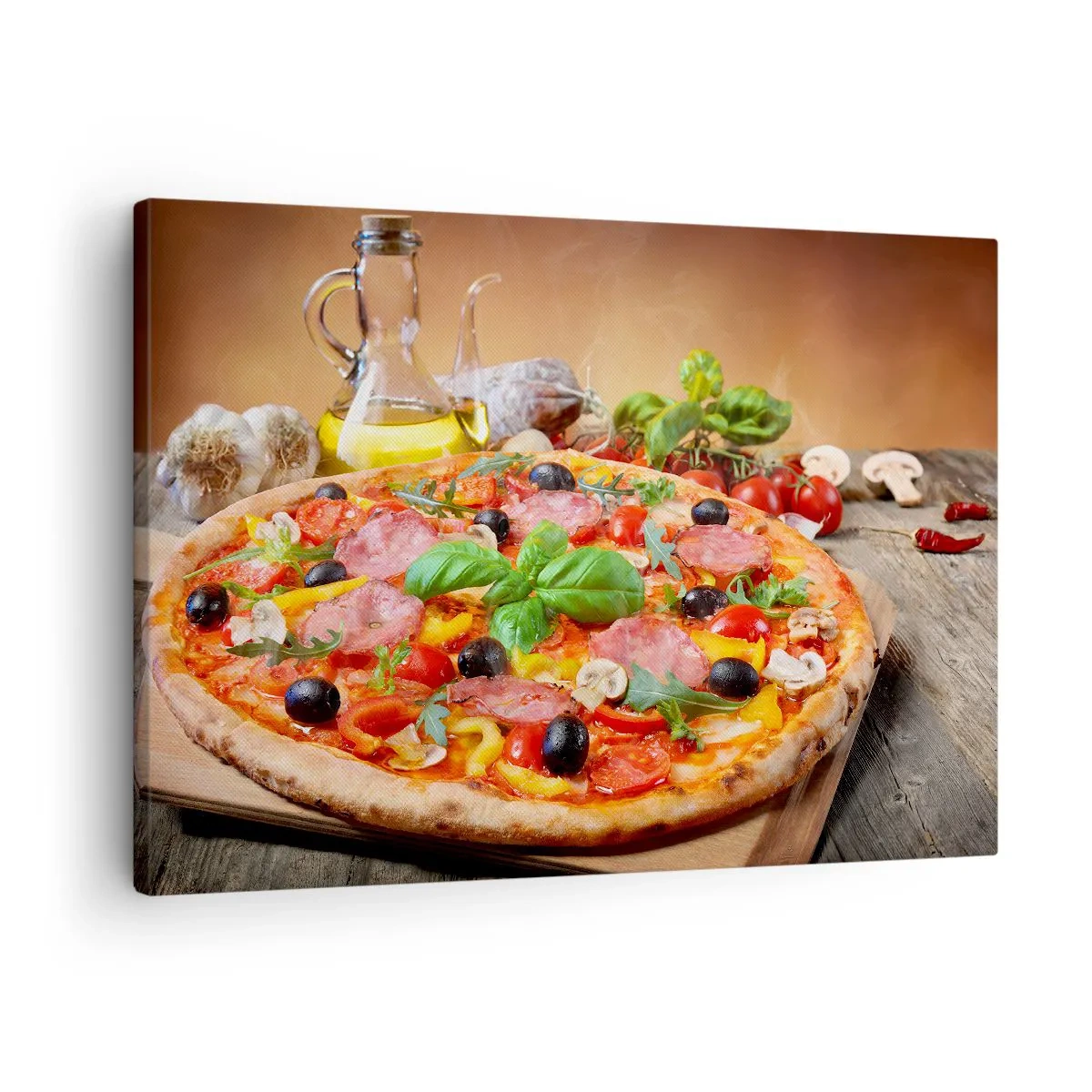 Obraz na plátne - Chutná pizza na drevenom stole s polevami - 70x50cm - So skutočne talianskou chuťou - Moderná nástenná dekorácia do obývacej izby a spálne ARTTOR