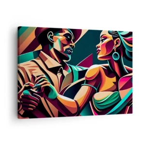 Obraz na plátne - Štylizovaný pár tancujúci v žiarivých geometrických farbách. - 70x50cm - V rytme srdca - Moderná nástenná dekorácia do obývacej izby a spálne ARTTOR