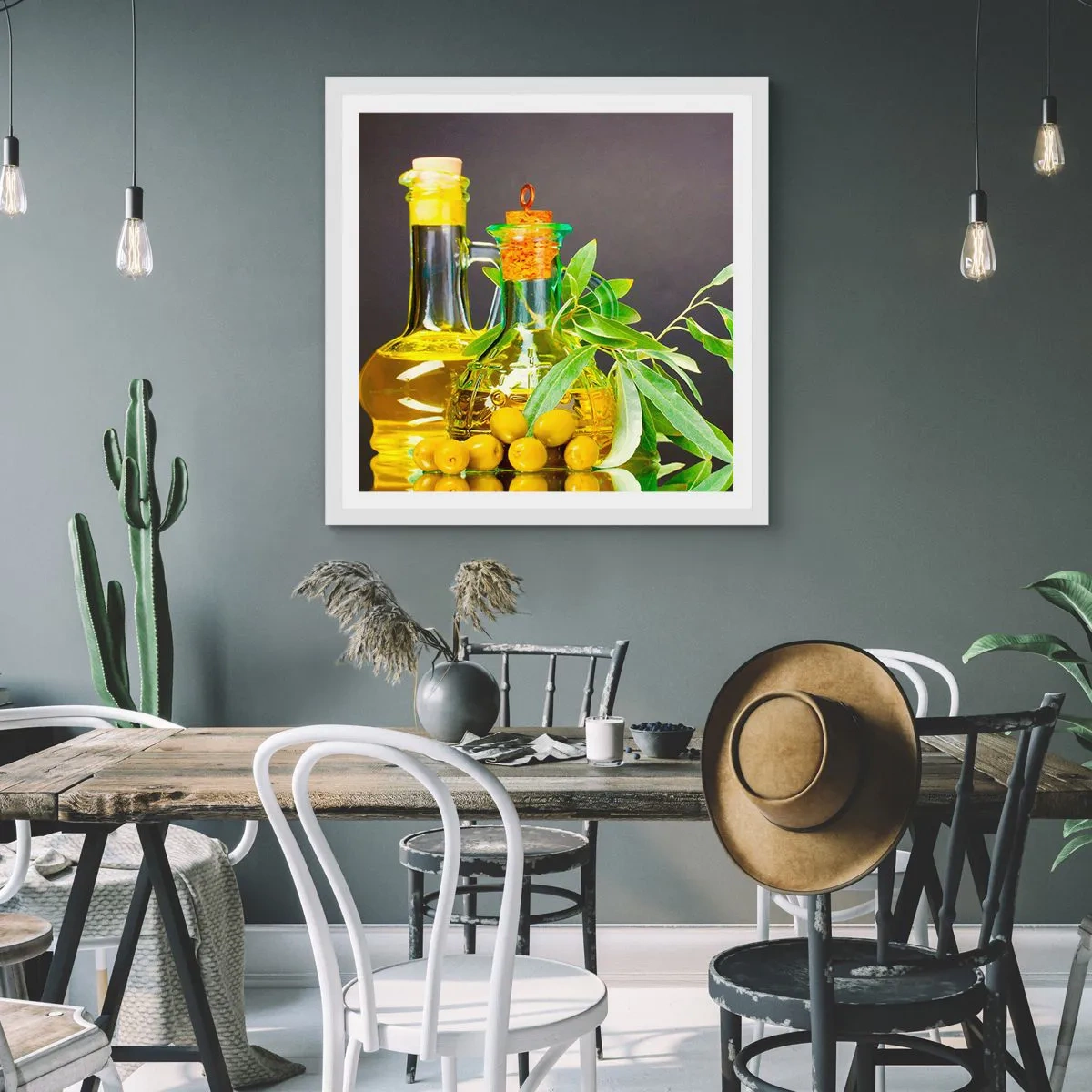 Plagát v bielom ráme - Zátišie s olivami a olejom - 50x50 cm