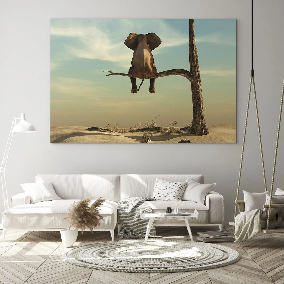 Obraz na skle - Slon na konári stromu v surrealistickom prostredí - 70x50cm - Nový uhol pohľadu - Moderná nástenná dekorácia do obývacej izby a spálne ARTTOR