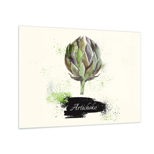 Obraz na skle - Akvarelová grafika artičoky s napísaným slovom Artichoke - 70x50cm - Nech žije zelenina! - Moderná nástenná dekorácia do obývacej izby a spálne ARTTOR
