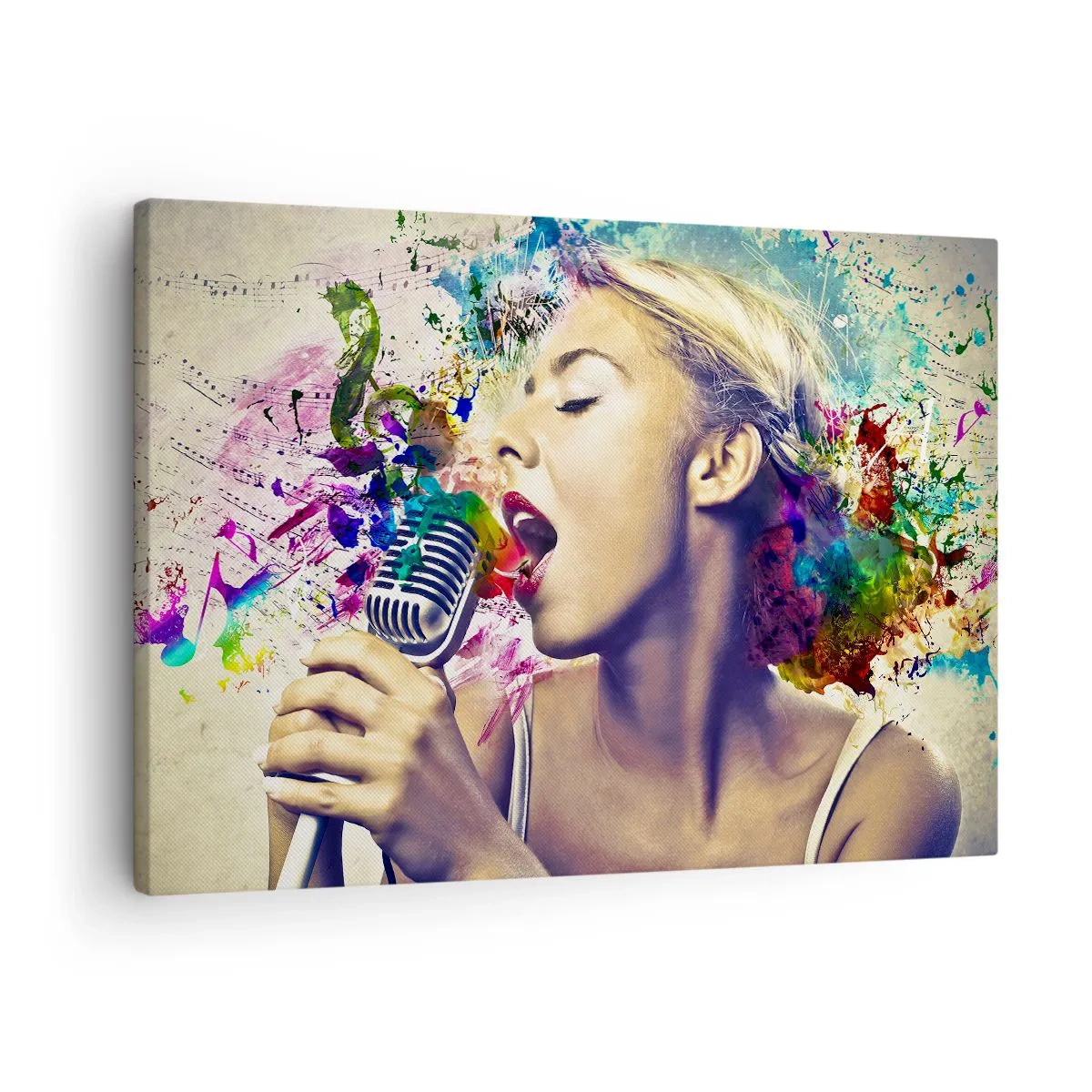 Obraz na plátne - Umelecký portrét spievajúcej ženy s farebnými efektmi - 70x50cm - Pomaľovať hlasom svet - Moderná nástenná dekorácia do obývacej izby a spálne ARTTOR
