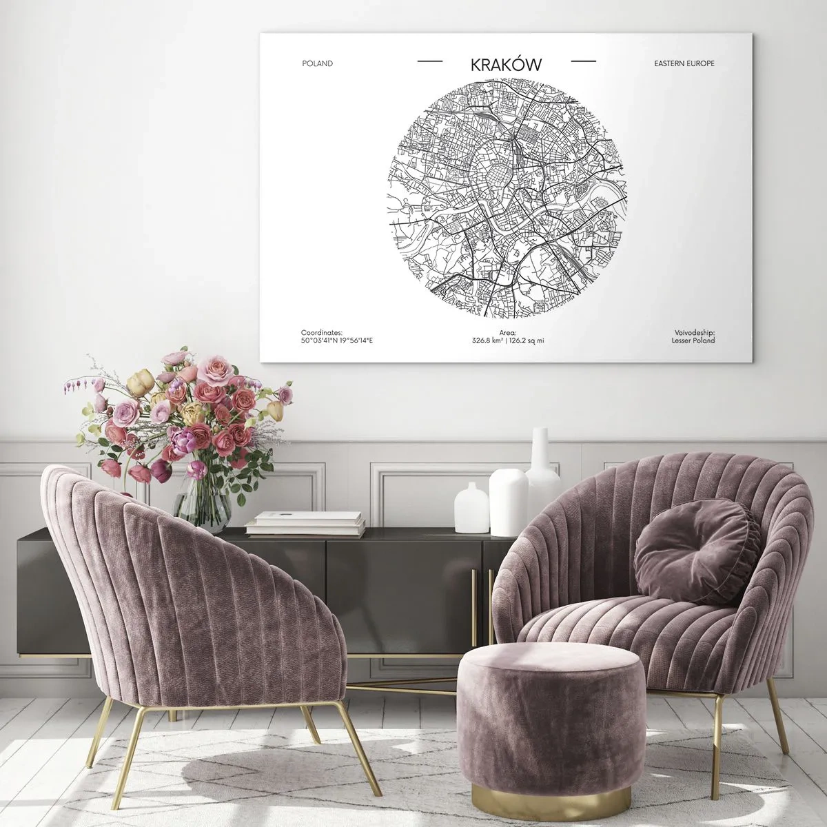 Obraz na skle - Mapa Krakova v čiernobielom ilustračnom štýle - 70x50cm - Anatómia Krakova - Moderná nástenná dekorácia do obývacej izby a spálne ARTTOR