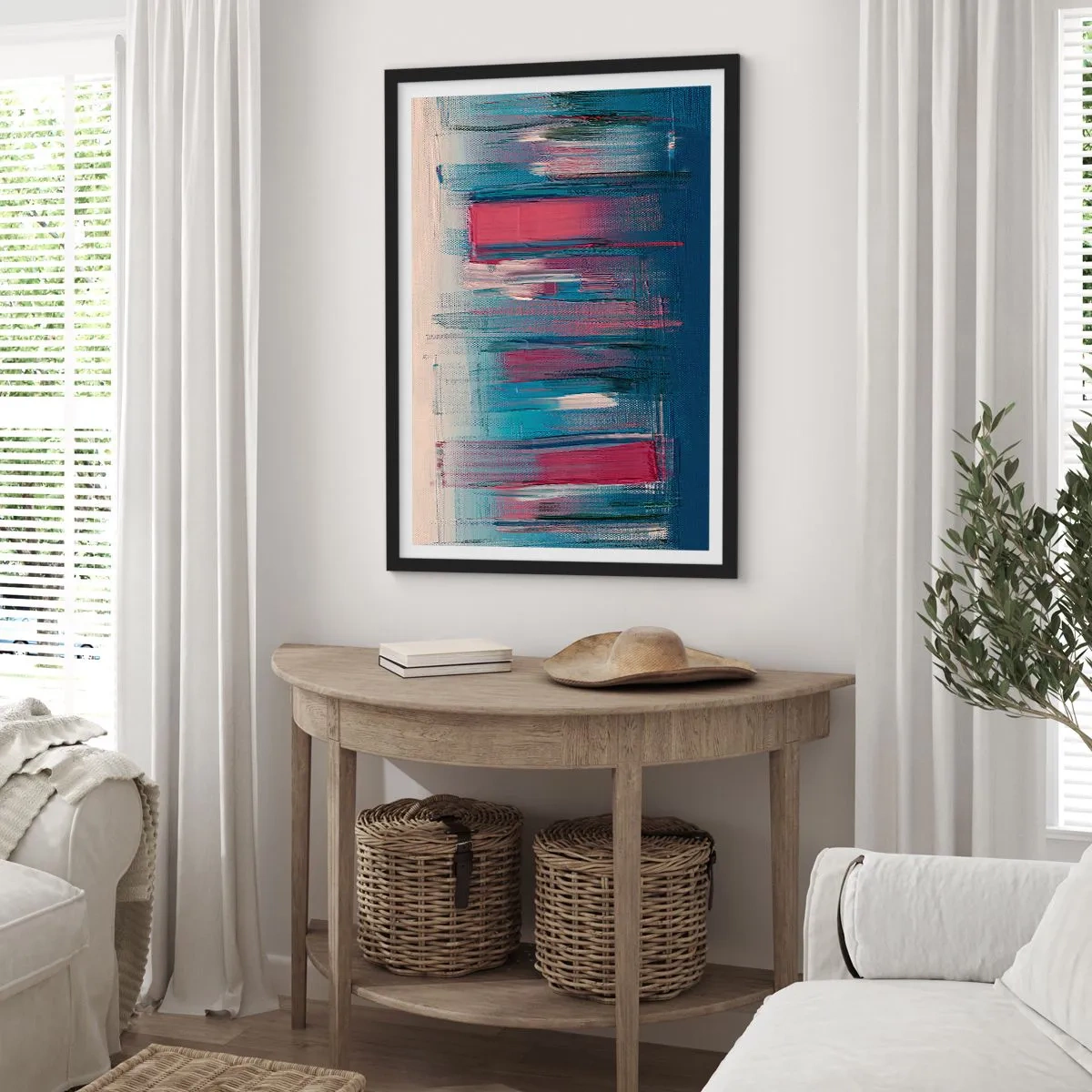 Plagát v čiernom ráme - Abstraktná kompozícia v odtieňoch modrej a červenej - 50x70cm - Vertikálna kompozícia v modrej a červenej - Moderná nástenná dekorácia do obývacej izby a spálne ARTTOR