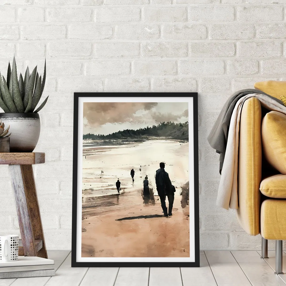 Plagát v čiernom ráme - Prechádzka po pláži v nostalgických farbách - 50x70cm - Vyvolaní - Moderná nástenná dekorácia do obývacej izby a spálne ARTTOR