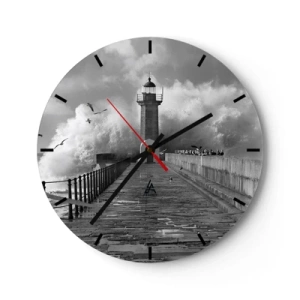 Nástenné hodiny - Maják na pozadí rozbúrených vĺn a čajok - 30x30cm - Nebojácna - Moderná nástenná dekorácia do obývacej izby, kuchyne a spálne ARTTOR