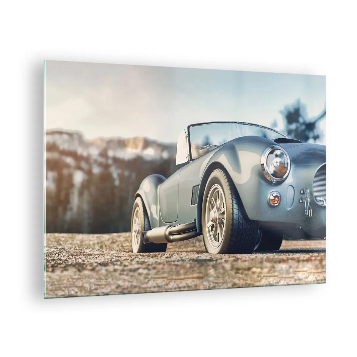 Obraz na skle - Športové auto s horami v pozadí - 70x50cm - Pretože na štýle záleží - Moderná nástenná dekorácia do obývacej izby a spálne ARTTOR