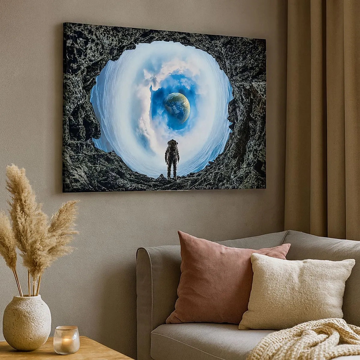Obraz na plátne - Astronaut na pozadí vesmírnej krajiny so Zemou v pozadí - 70x50cm - Už blízko domova - Moderná nástenná dekorácia do obývacej izby a spálne ARTTOR