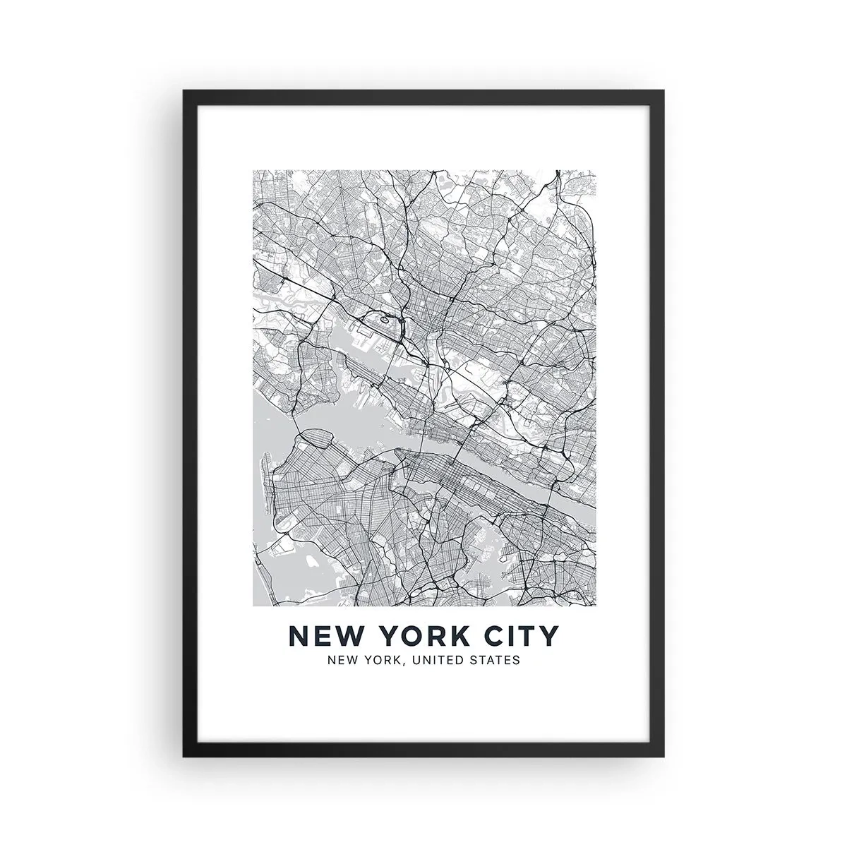Plagát v čiernom ráme - Minimalistická mapa New Yorku - 50x70cm - Anatómia metropoly - Moderná nástenná dekorácia do obývacej izby a spálne ARTTOR