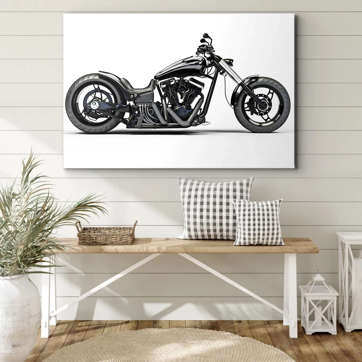 Obraz na plátne - Štýlový čierny motocykel na mieru na bielom pozadí - 70x50cm - Pre milujúcich slobodu - Moderná nástenná dekorácia do obývacej izby a spálne ARTTOR
