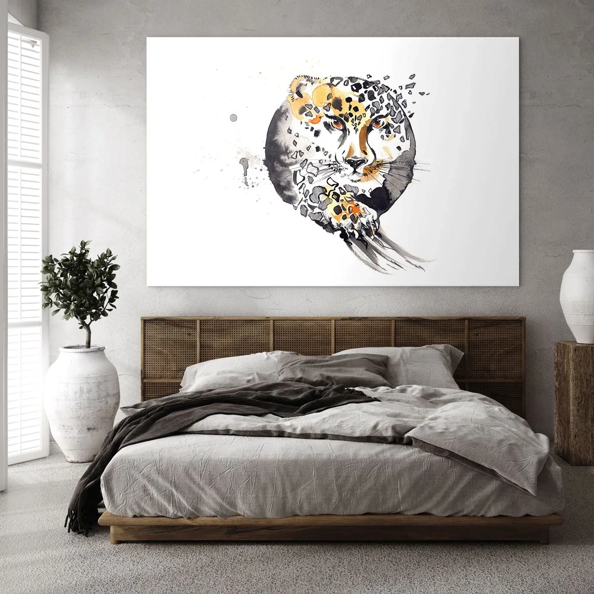 Obraz na skle - Leopard v dynamickej, abstraktnej kompozícii - 70x50cm - Dravá krása - Moderná nástenná dekorácia do obývacej izby a spálne ARTTOR