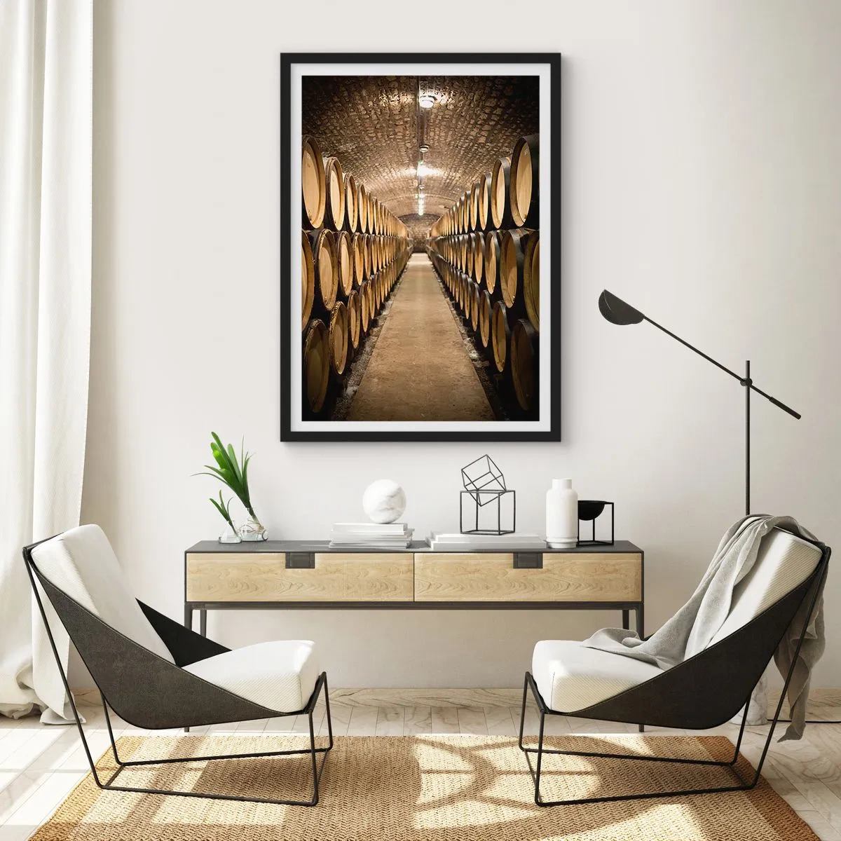 Plagát v čiernom ráme - Pivnica plná vínnych sudov - 50x70cm - V murovanej pivnici - Moderná nástenná dekorácia do obývacej izby a spálne ARTTOR