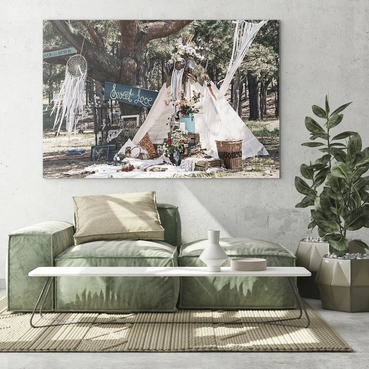 Obraz na skle - Boho vonkajšia dekorácia s típí a kvetmi v lese - 70x50cm - Make love… - Moderná nástenná dekorácia do obývacej izby a spálne ARTTOR