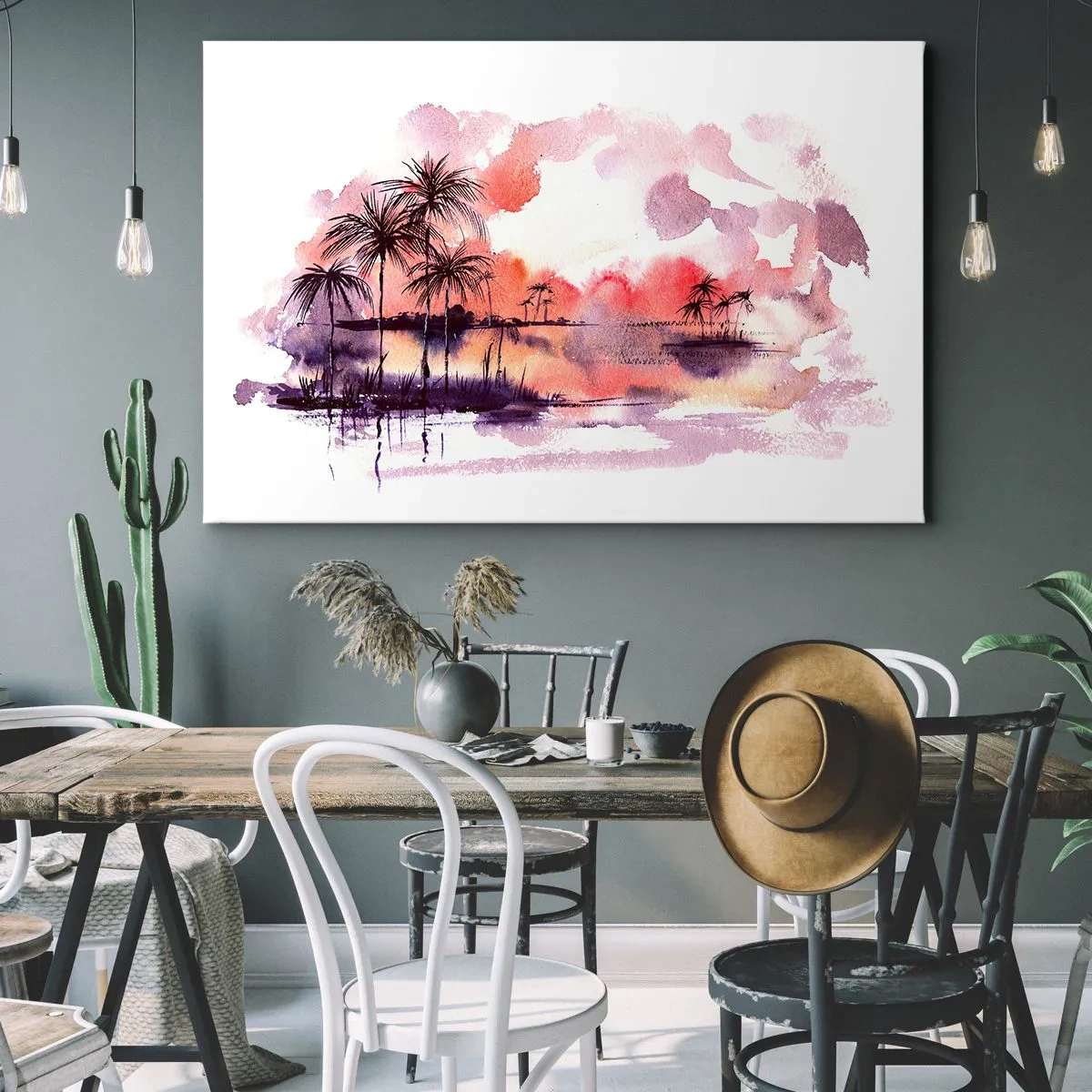 Obraz na plátne - Tropická krajina s palmami pri západe slnka v akvareloch - 70x50cm - Pokoj trópov v červenej - Moderná nástenná dekorácia do obývacej izby a spálne ARTTOR