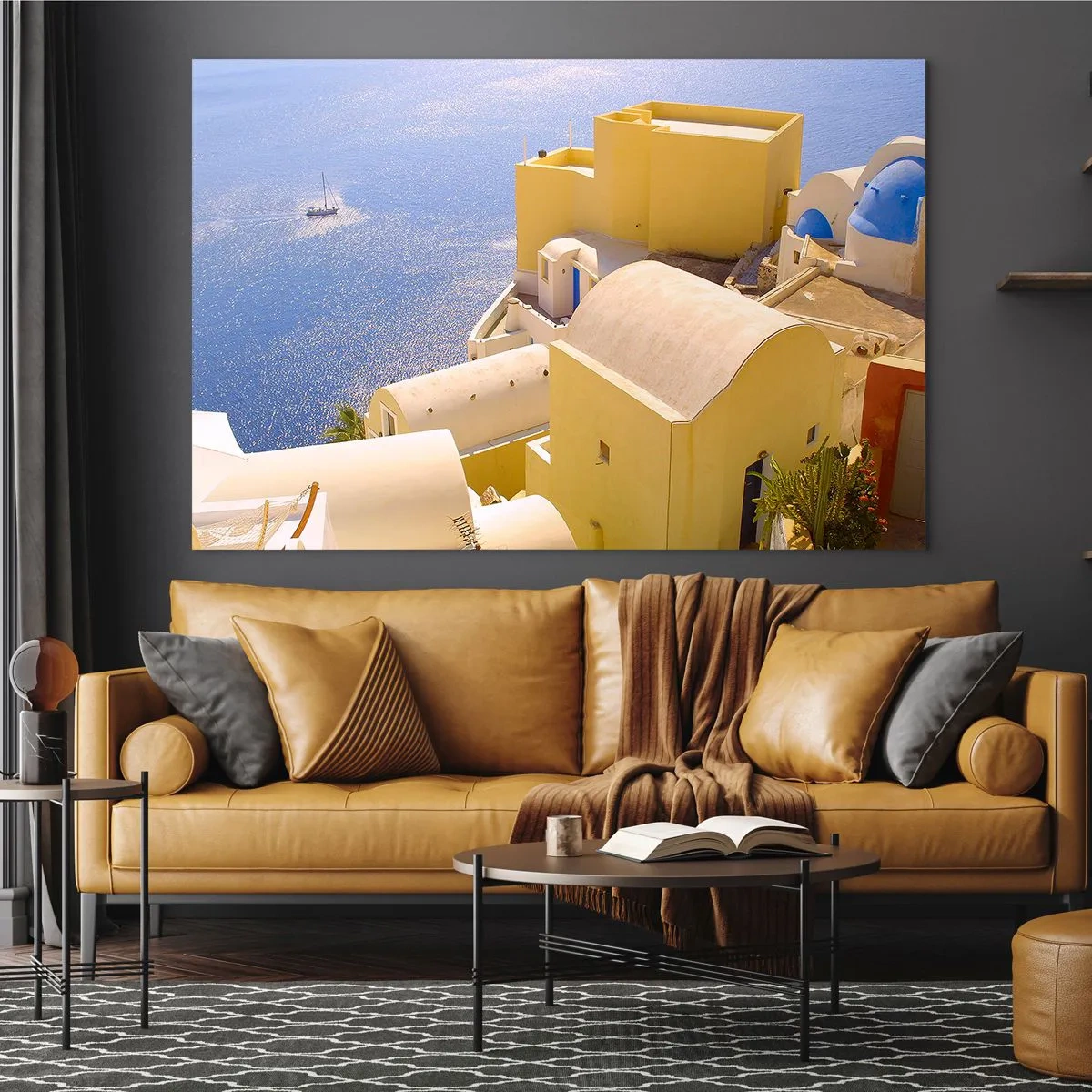 Obraz na skle - Pohľad na Santorini s modrým morom a bielymi budovami - 70x50cm - Grécka krajina v bielej a blankytnej - Moderná nástenná dekorácia do obývacej izby a spálne ARTTOR