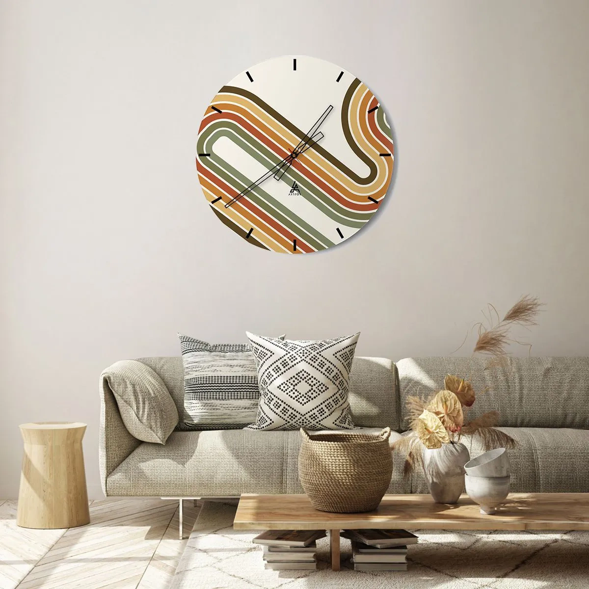 Nástenné hodiny - Geometrické čiary v retro farbách na svetlom pozadí - 30x30cm - Kľučkovanie do cieľa - Moderná nástenná dekorácia do obývacej izby, kuchyne a spálne ARTTOR
