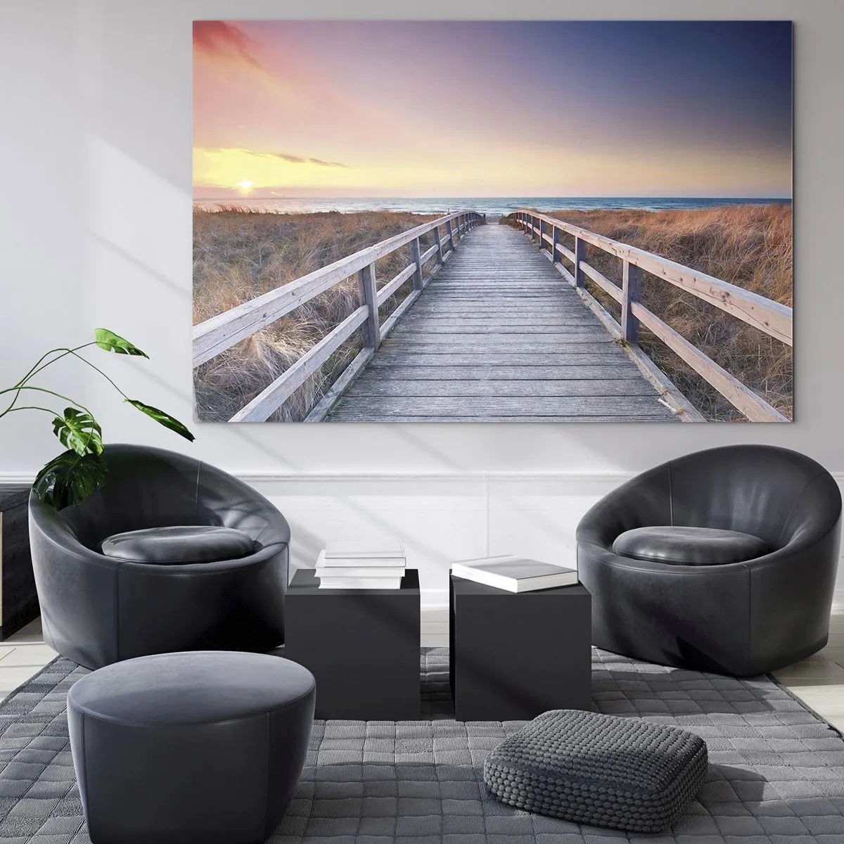 Obraz na skle - Drevené mólo vedúce na pláž pri západe slnka - 70x50cm - Baltská večerná polárna žiara - Moderná nástenná dekorácia do obývacej izby a spálne ARTTOR