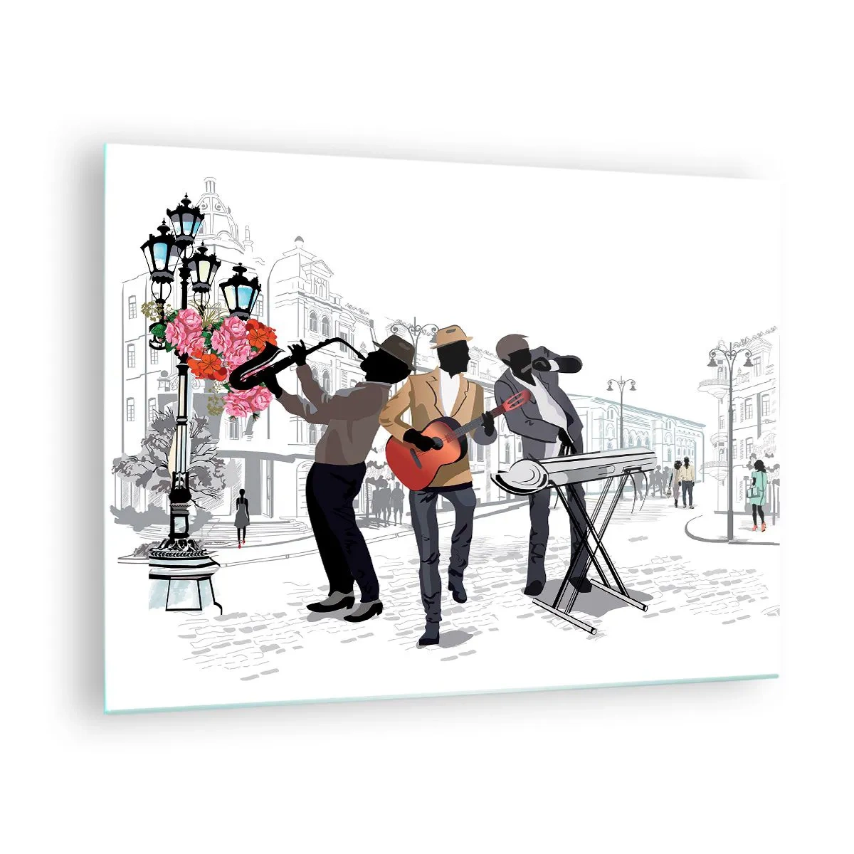 Obraz na skle - Džezová kapela hrajúca na ulici - 70x50cm - Hudba ulice - Moderná nástenná dekorácia do obývacej izby a spálne ARTTOR