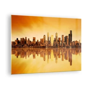 Obraz na skle - Panoráma mesta v zlatom svetle západu slnka - 70x50cm - Ticho metropoly - Moderná nástenná dekorácia do obývacej izby a spálne ARTTOR