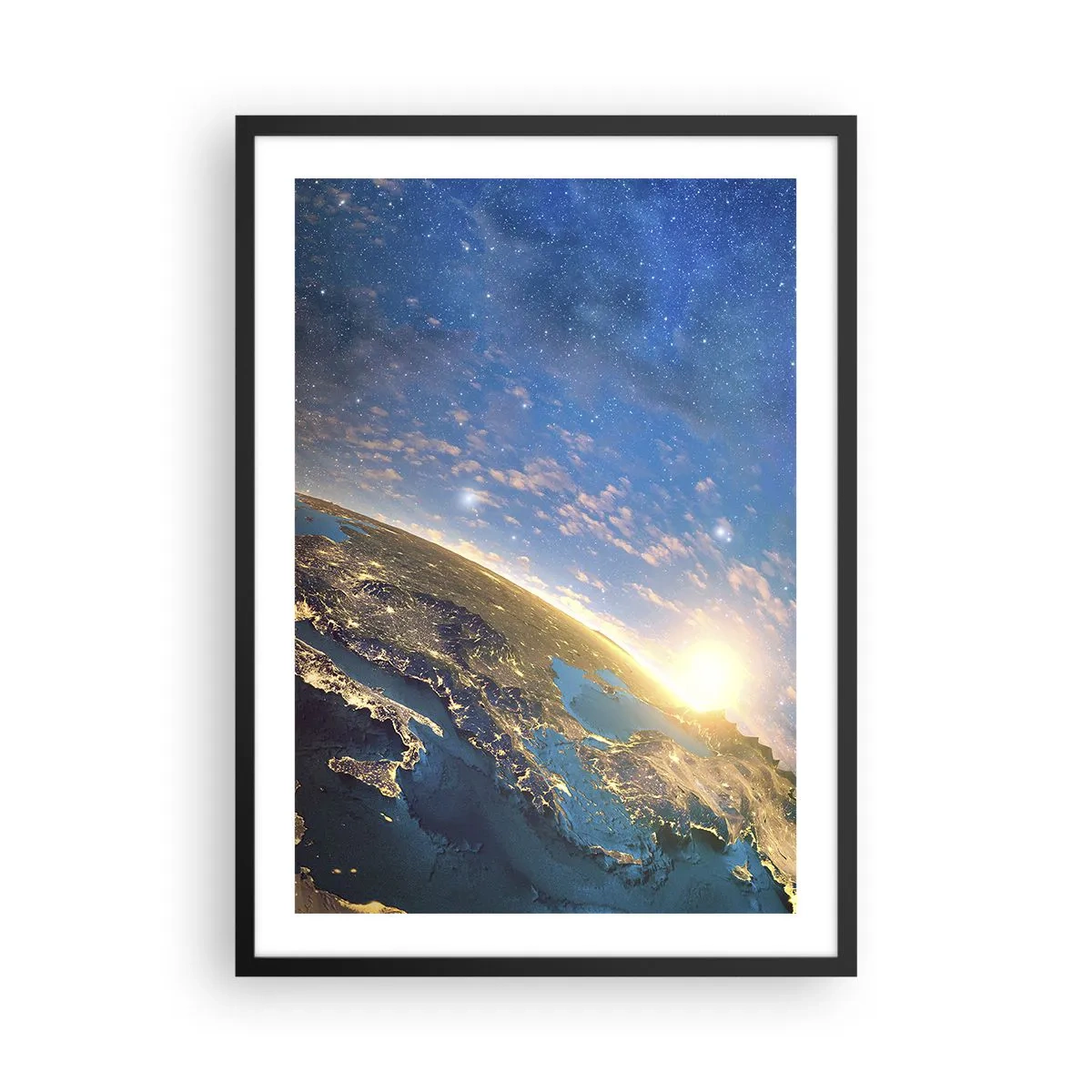 Plagát v čiernom ráme - Zem videná z vesmíru pri východe slnka - 50x70cm - Pozrime sa na seba s odstupom - Moderná nástenná dekorácia do obývacej izby a spálne ARTTOR