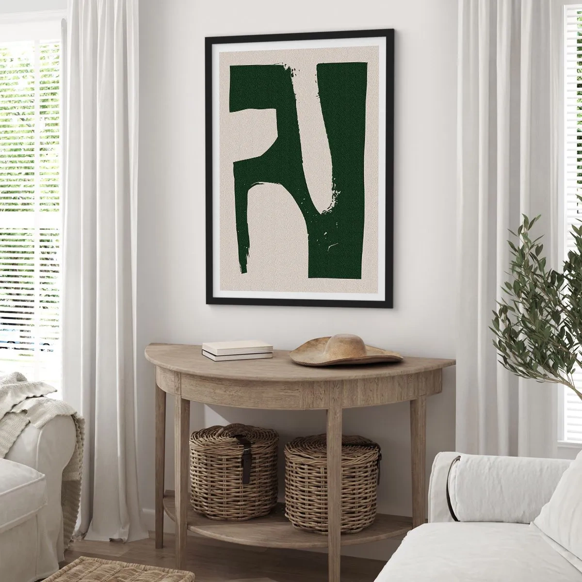 Plagát v čiernom ráme - Minimalistická abstrakcia v zelenej a béžovej farbe - 50x70cm - Zálivy v bielom - Moderná nástenná dekorácia do obývacej izby a spálne ARTTOR