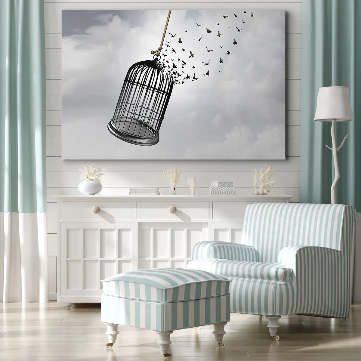 Obraz na plátne - Vtáky vylietajúce z klietky proti oblohe - 70x50cm - Viera… nádej… sloboda! - Moderná nástenná dekorácia do obývacej izby a spálne ARTTOR