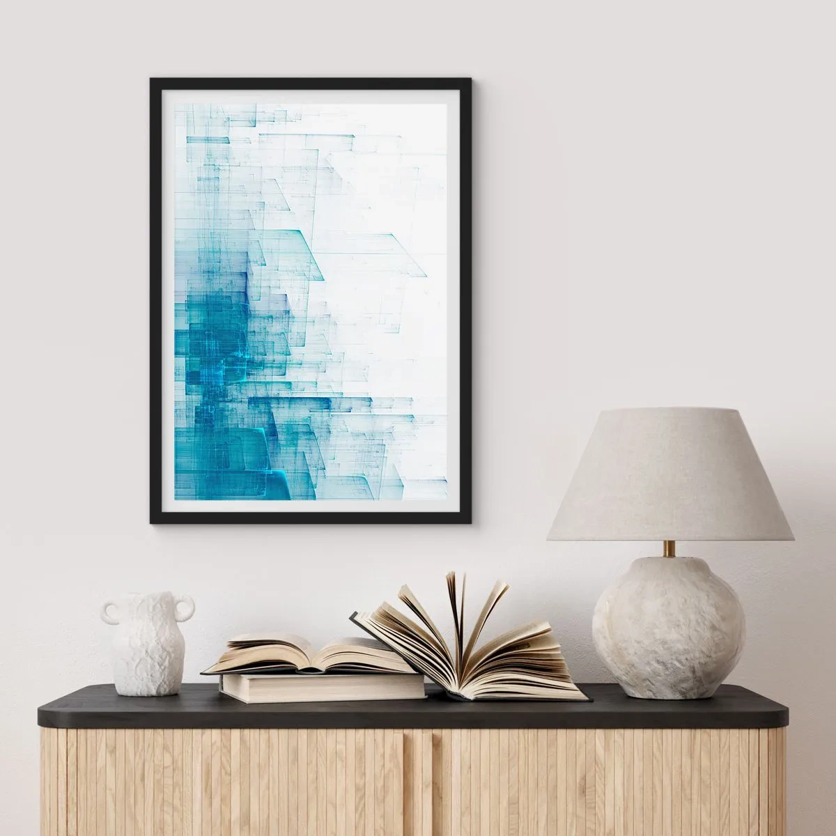 Plagát v čiernom ráme - Abstraktná geometrická kompozícia v odtieňoch modrej a bielej - 50x70cm - Ako sa stal priestor - Moderná nástenná dekorácia do obývacej izby a spálne ARTTOR