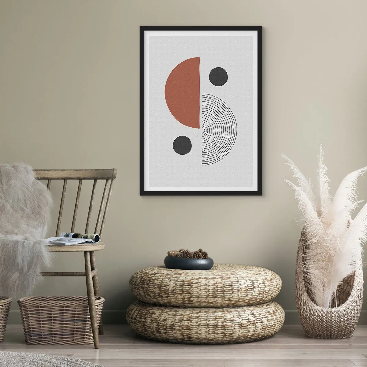 Plagát v čiernom ráme - Abstraktná geometrická kompozícia v teplých farbách - 50x70cm - Dokonalosť kruhu - Moderná nástenná dekorácia do obývacej izby a spálne ARTTOR
