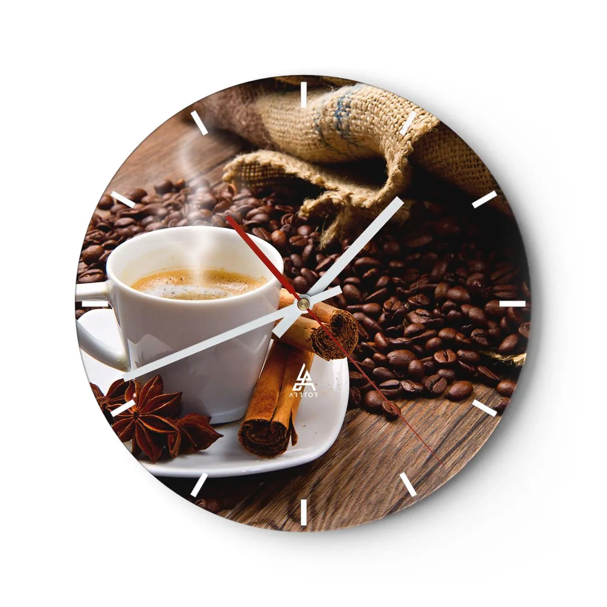 Nástenné hodiny - Šálka kávy s korením a kávovými zrnami - 30x30cm - Pikantná chuť a aróma - Moderná nástenná dekorácia do obývacej izby, kuchyne a spálne ARTTOR