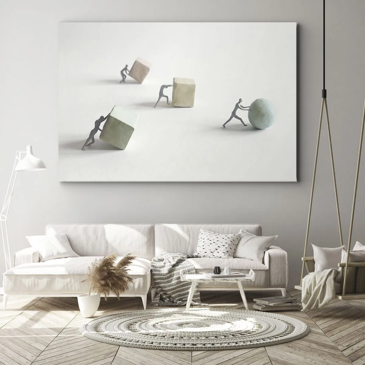 Obraz na plátne - Miniatúrne figúrky tlačiace tvary na svetlom pozadí - 70x50cm - Život samotný - Moderná nástenná dekorácia do obývacej izby a spálne ARTTOR